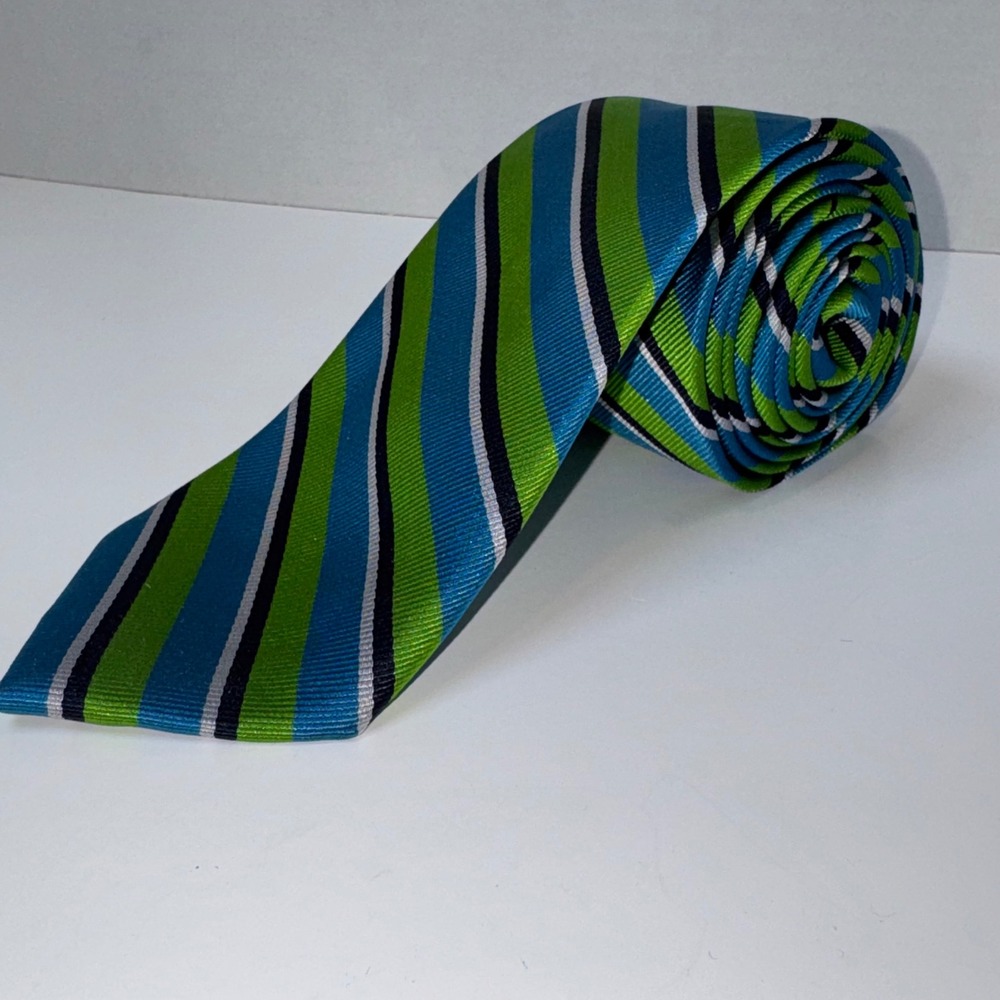 Rooster Necktie Mens OS Green Blue Striped Silk Blend Classic Repp Tie 59x3.25